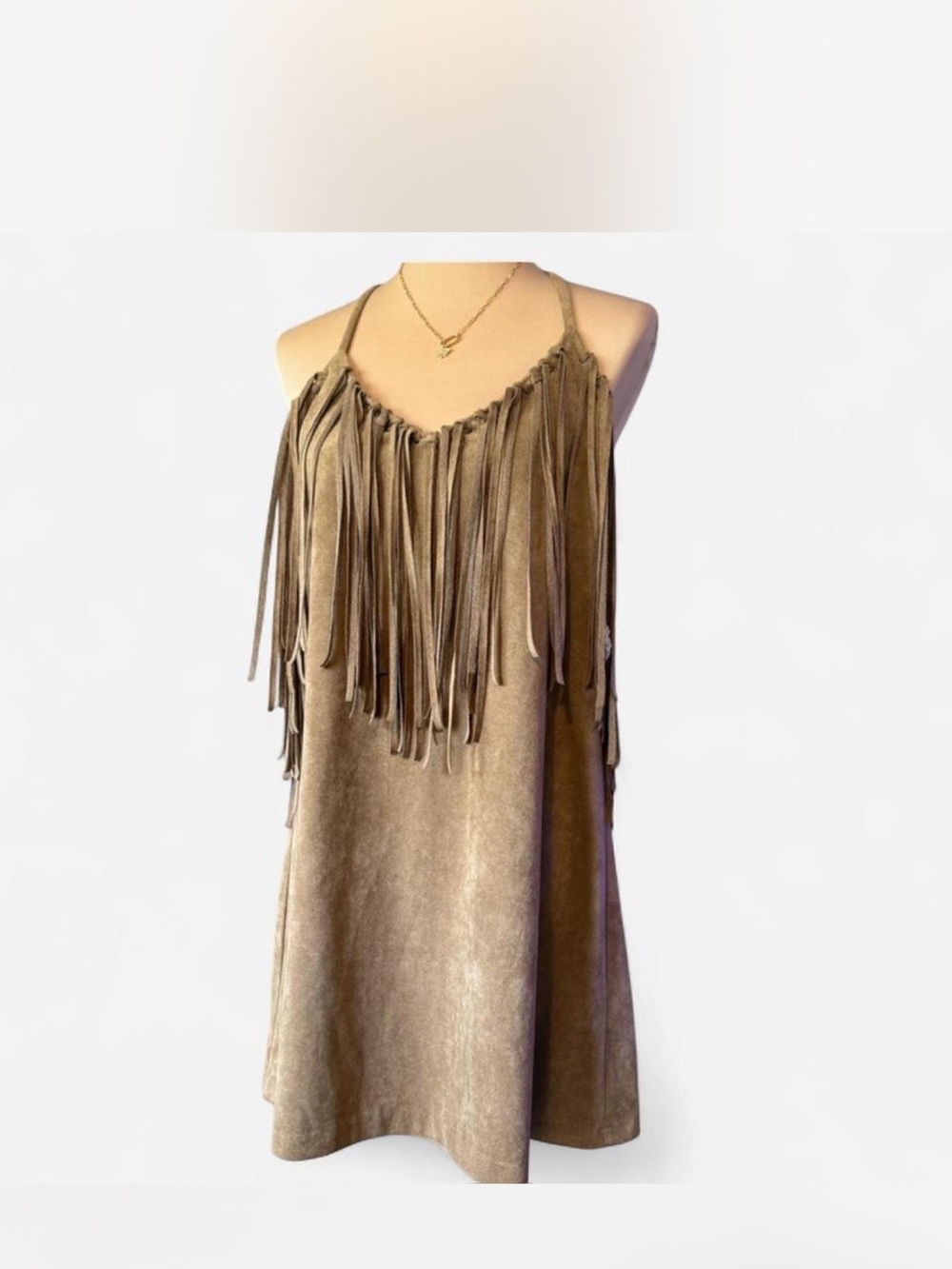 Fringe Suede-Effect Midi Dress in Taupe